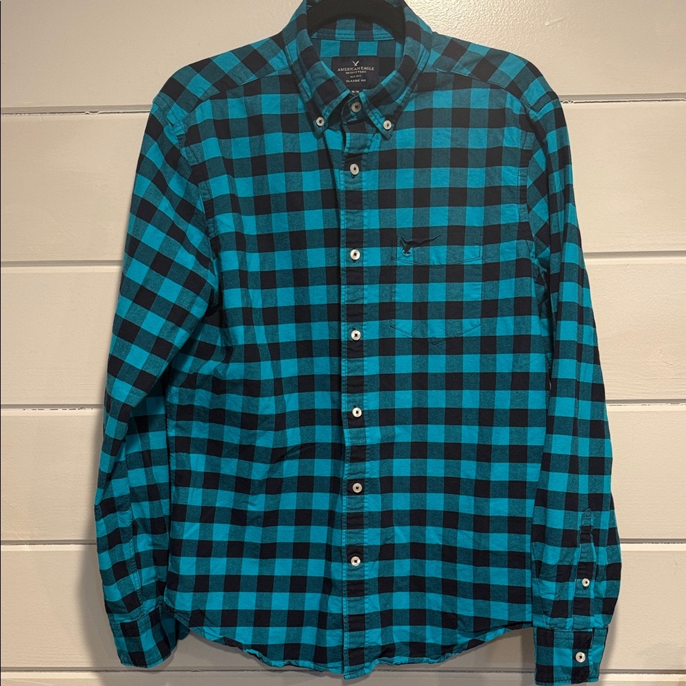 American Eagle Outfitters Teal and Black Plaid Shirt. Size- medium